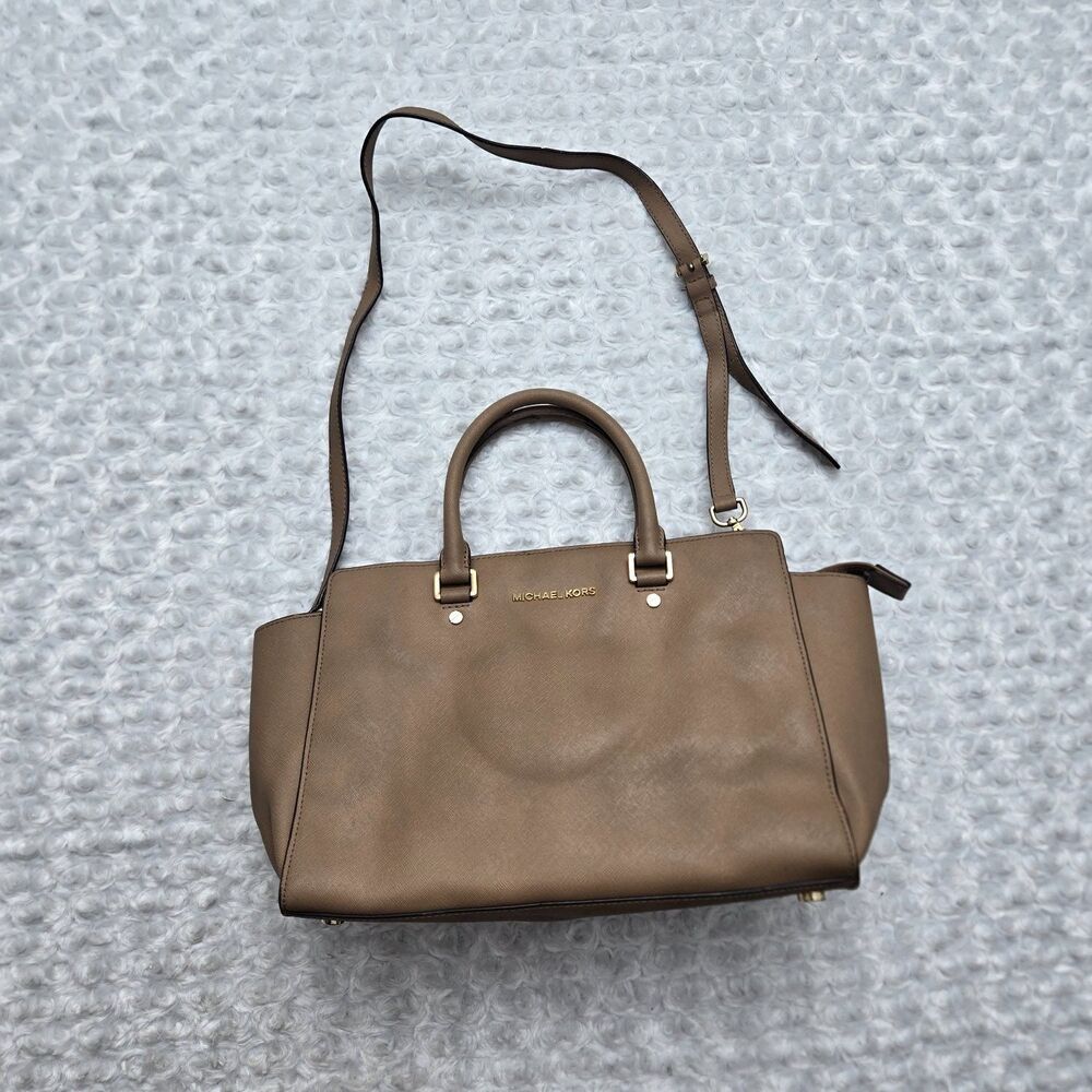 MICHAEL KORS Tan Saffiano Leather Medium Satchel Crossbody Shoulder Bag Handbag